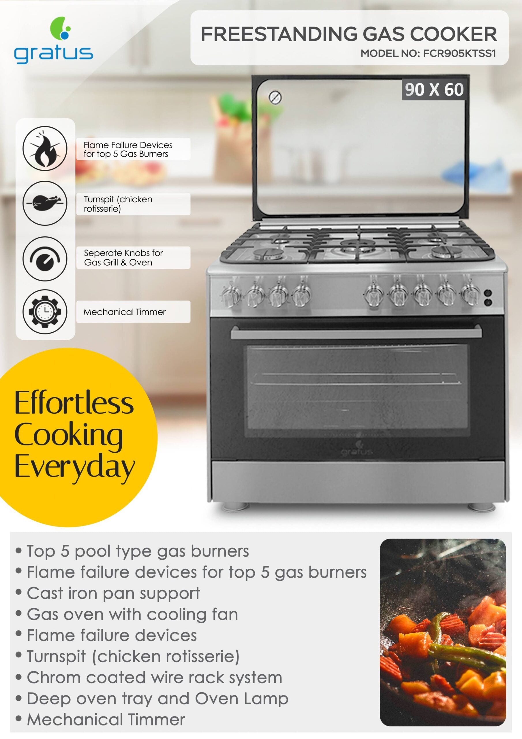 Gratus 90×60 cm Free-Standing Gas Cooker | 5 Euro-Style Burners • Dual Turbo Fan Oven • Self-Cleaning • Cast Iron Grates • Made in Turkey • Model FCR905KTSS1
