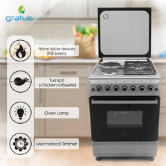 Gratus 60×60 cm Free‑Standing Gas Cooker | 2 Euro Burners + 2 Electric Hot Plates • Turbo Fan Oven • Model FCRH622KTSS1