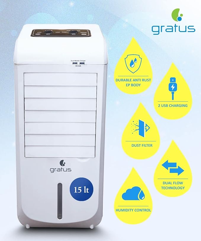 Gratus GADX9939 – 15 L Barred Series Evaporative Air Cooler with Dual-Flow Technology & 2 USB Ports