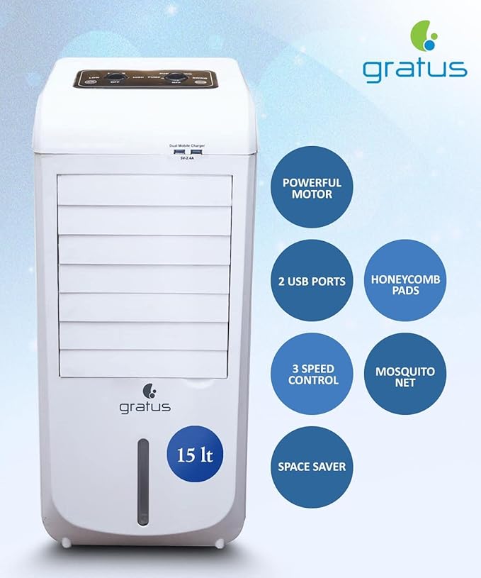 Gratus GADX9939 – 15 L Barred Series Evaporative Air Cooler with Dual-Flow Technology & 2 USB Ports