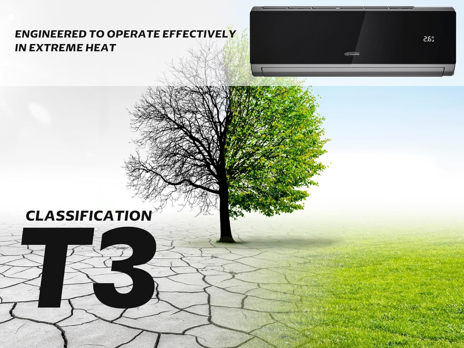 General Gold 2 Ton Split Air Conditioner – 24000 BTU T3 Cool Only AC with WiFi Control, Black Panel Design, Rotary Compressor, R410 Refrigerant, Quiet Operation & Pipe Kit Included for Home and Office