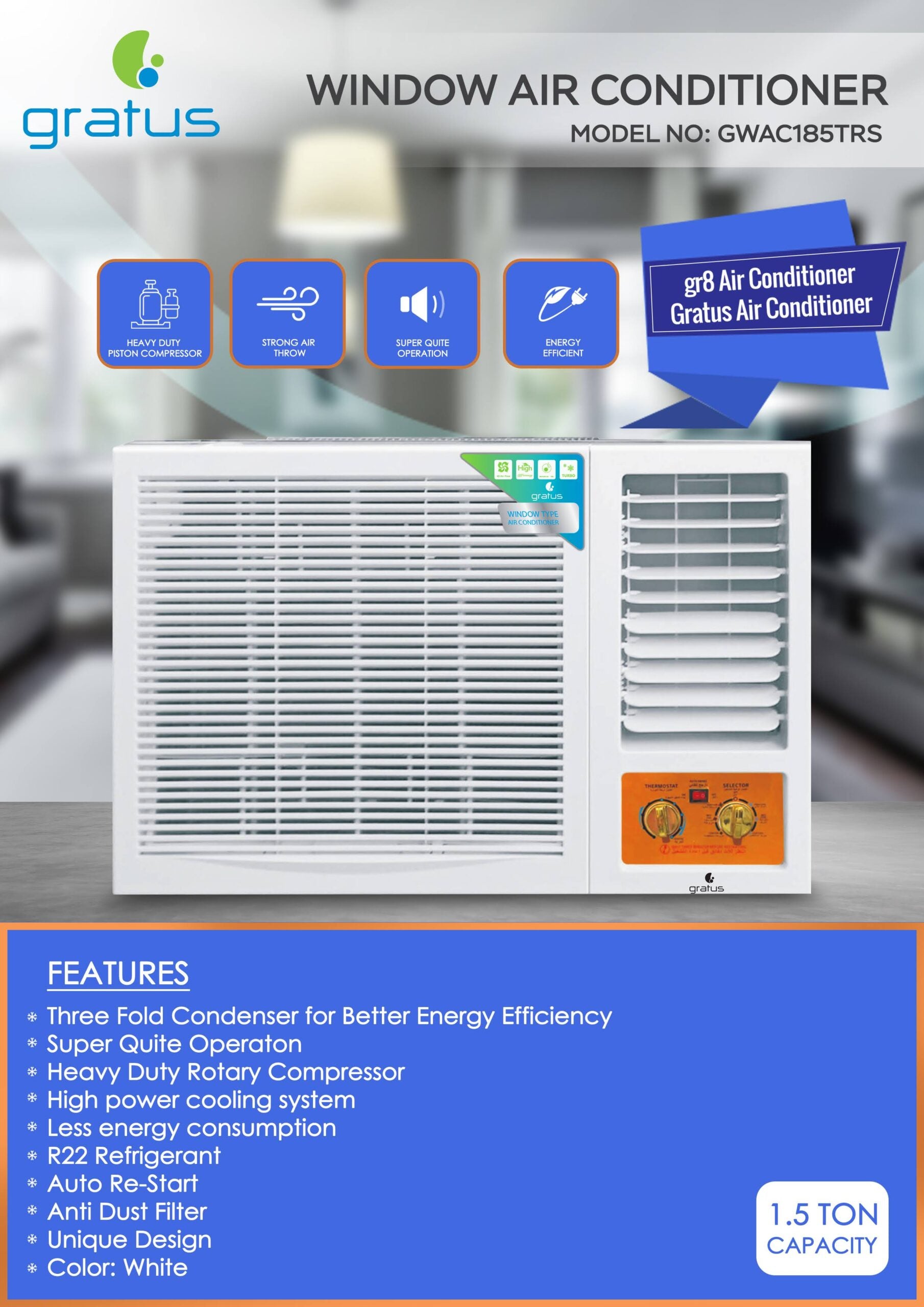 GWAC185TRS – 1.5 Ton Window AC with Heavy-Duty Rotary Compressor, R410A, Auto‑Restart & Grooved Copper Tubing