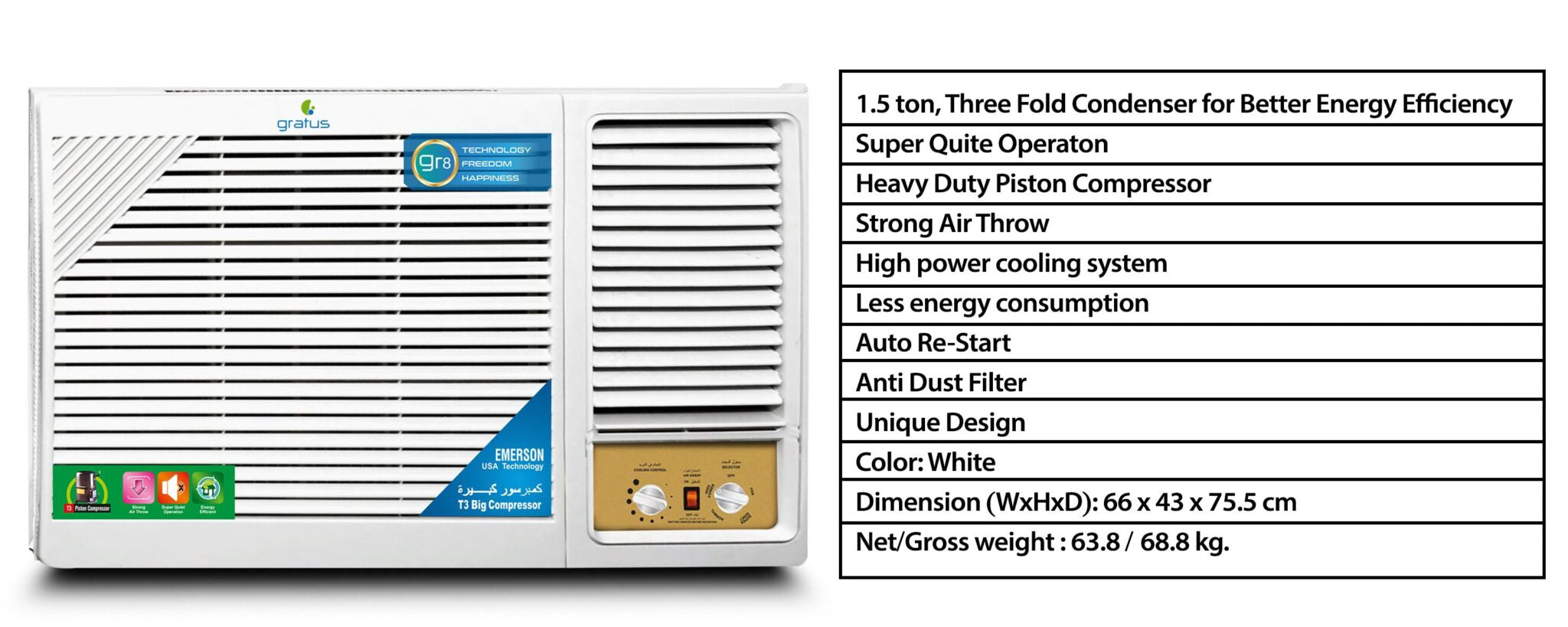 1.5 Ton Window Air Conditioner – Heavy-Duty Piston Compressor, R22 Gas, Durable Cooling Performance, Model GWACP18X2