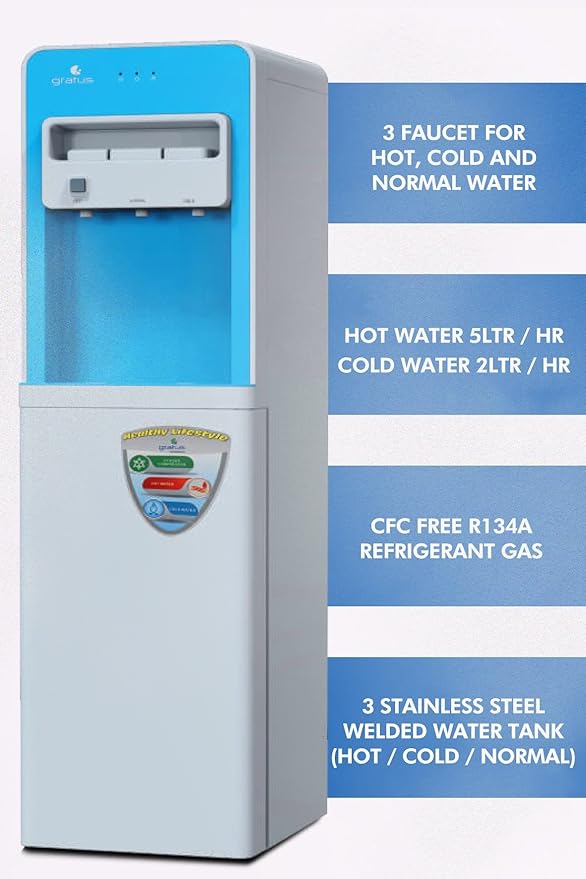 Gratus Hot & Cold 3‑Tap Floor‑Standing Top‑Load Water Dispenser with Built‑In Refrigerator | 1 Year Full Warranty & 2 Years Compressor Warranty | Model GWD801WFRW
