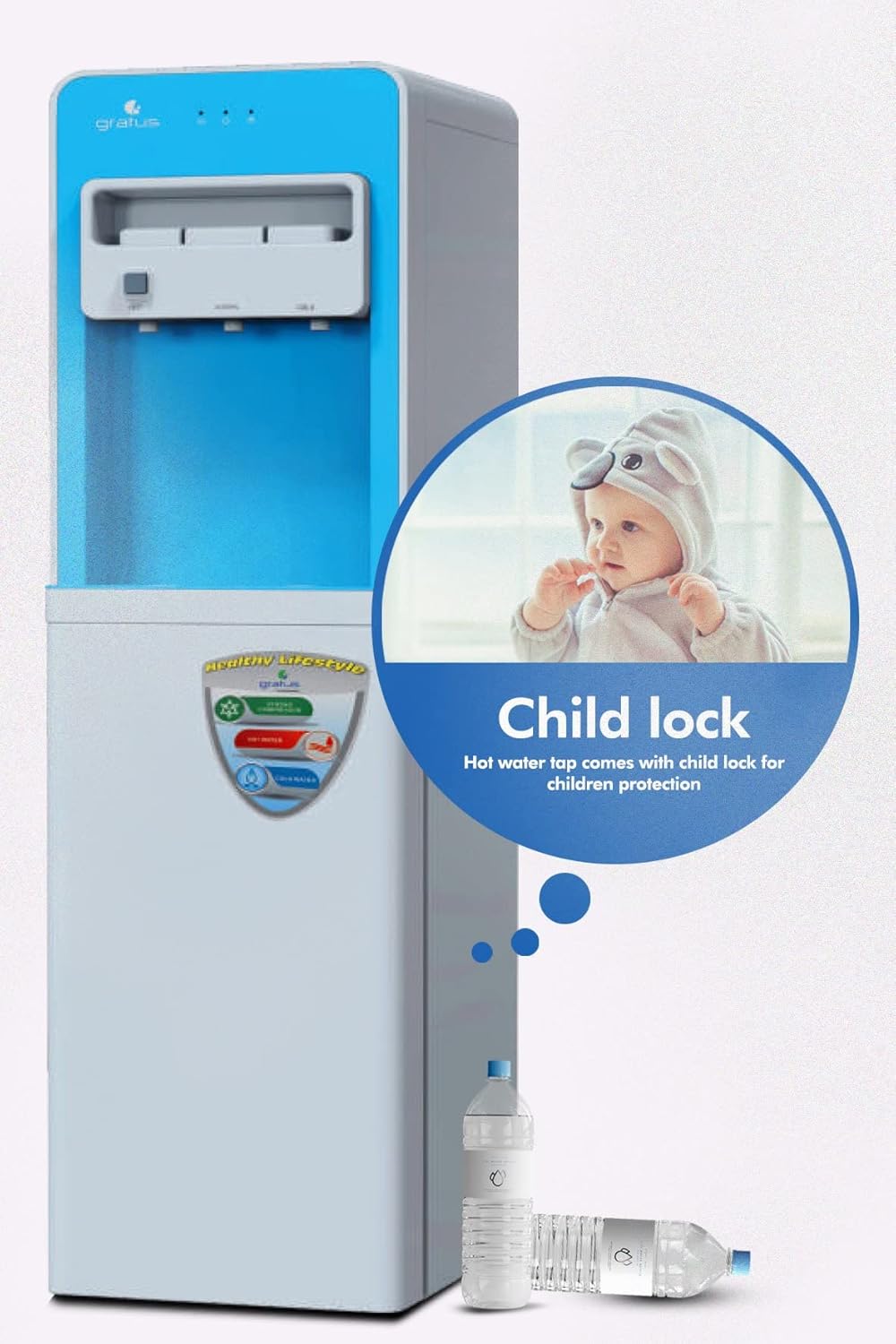 Gratus Hot & Cold 3‑Tap Floor‑Standing Top‑Load Water Dispenser with Built‑In Refrigerator | 1 Year Full Warranty & 2 Years Compressor Warranty | Model GWD801WFRW