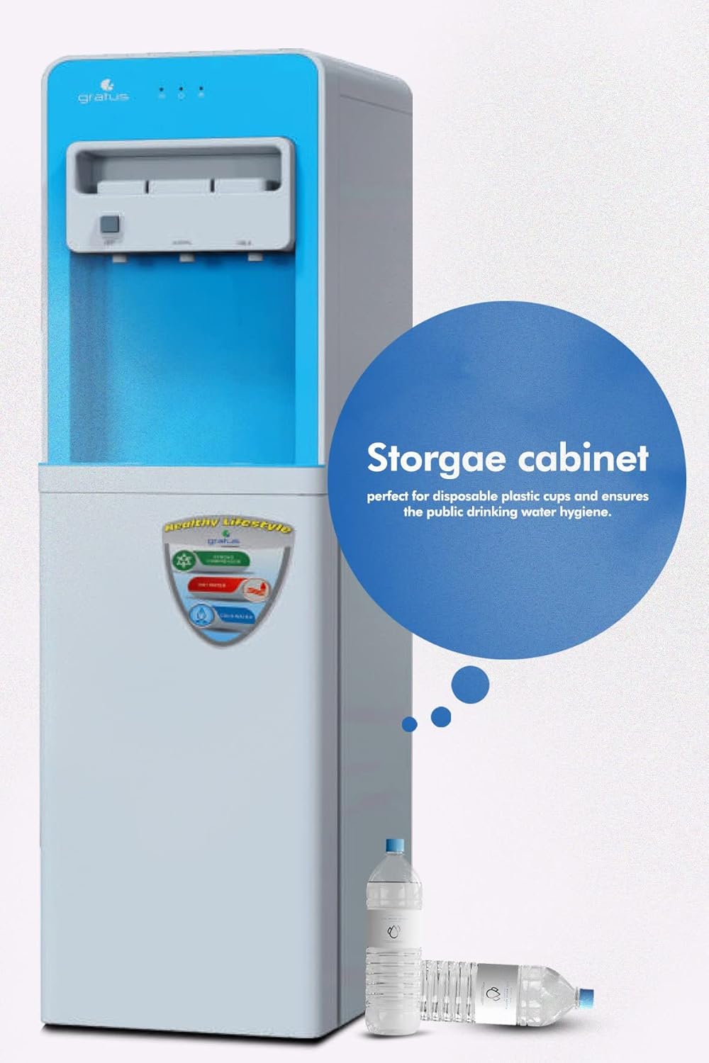 Gratus Hot & Cold 3‑Tap Floor‑Standing Top‑Load Water Dispenser with Built‑In Refrigerator | 1 Year Full Warranty & 2 Years Compressor Warranty | Model GWD801WFRW