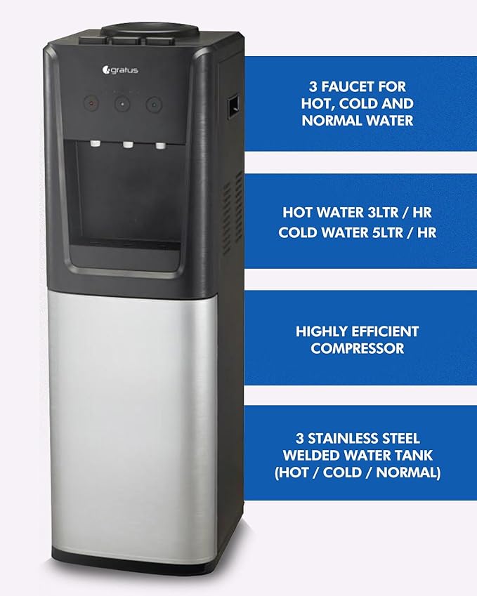 Gratus 3‑Tap Hot, Cold & Room‑Temp Water Dispenser — Floor‑Standing Top‑Load with Storage Cabinet, 1‑Year Full & 2‑Year Compressor Warranty | Model GWD701WFCW
