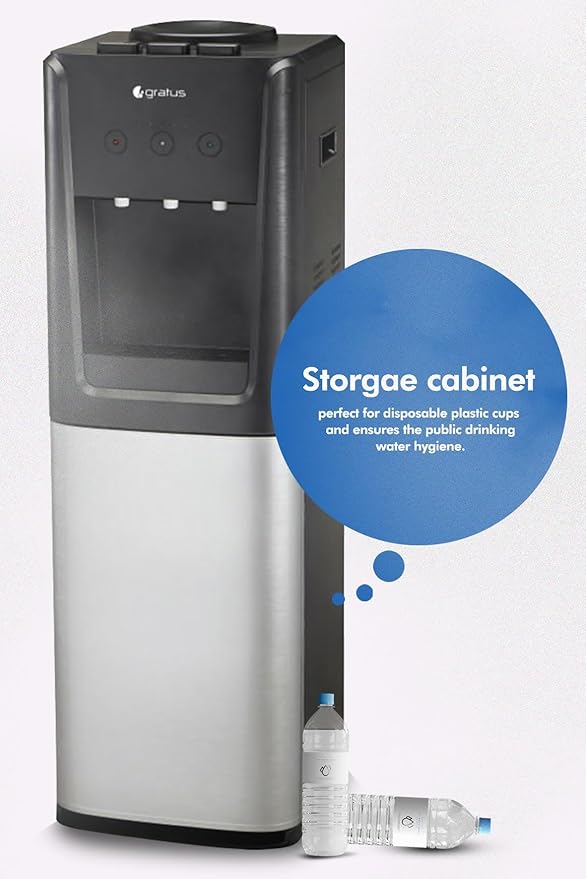 Gratus 3‑Tap Hot, Cold & Room‑Temp Water Dispenser — Floor‑Standing Top‑Load with Storage Cabinet, 1‑Year Full & 2‑Year Compressor Warranty | Model GWD701WFCW