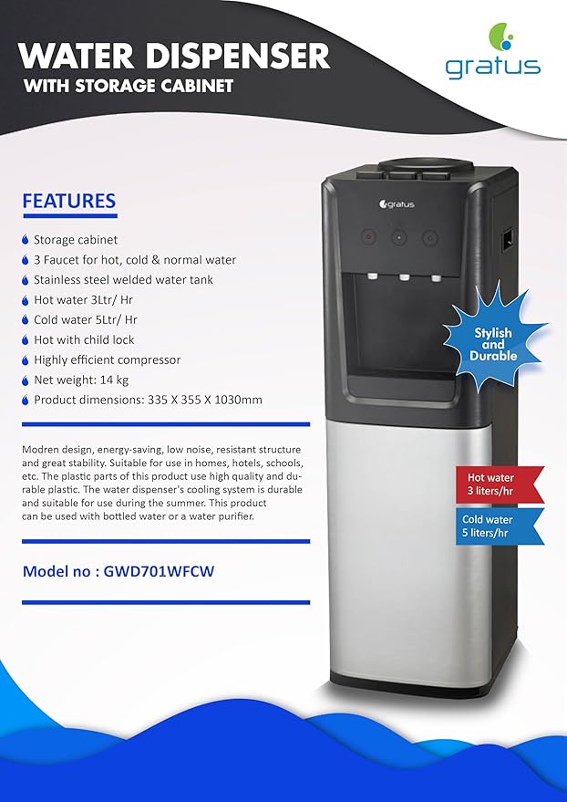 Gratus 3‑Tap Hot, Cold & Room‑Temp Water Dispenser — Floor‑Standing Top‑Load with Storage Cabinet, 1‑Year Full & 2‑Year Compressor Warranty | Model GWD701WFCW