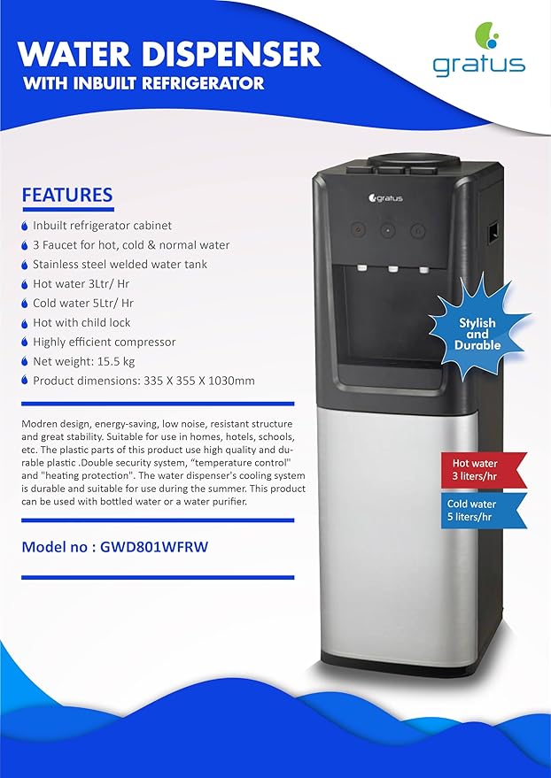 Gratus Hot & Cold 3‑Tap Floor‑Standing Top‑Load Water Dispenser with Built‑In Refrigerator | 1 Year Full Warranty & 2 Years Compressor Warranty | Model GWD801WFRW