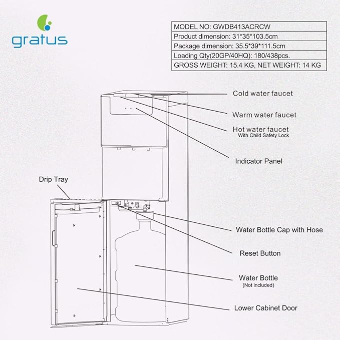 Gratus Bottom‑Load Free‑Standing Hot & Cold Water Dispenser | Stainless Steel Finish | 1 Year Unit & 2 Year Compressor Warranty | Model GWDB413ACRCW