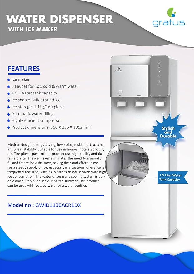 Gratus Ice Maker & 3‑Tap Water Dispenser (Hot, Cool & Cold) | 1 Year Unit + 2 Year Compressor Warranty | Model GWID1100ACR1DX