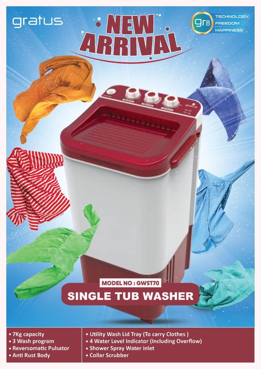 Gratus 7 KG Single‑Tub Top‑Load Washing Machine — Dark Maroon | Model GWST70‑DM