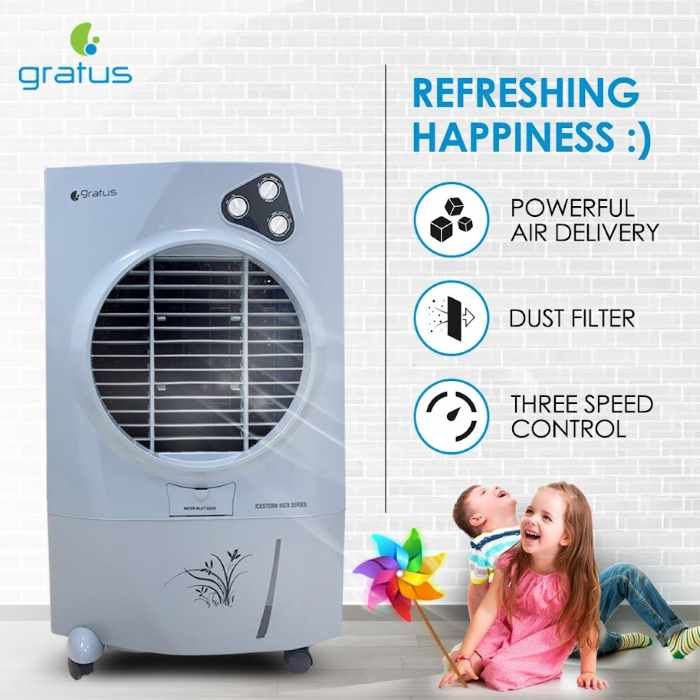 Gratus ICESTORM80DX – 80 L Deluxe Evaporative Air Cooler with Four‑Way Air Deflection, Ice Chamber & Heavy-Duty Wheels