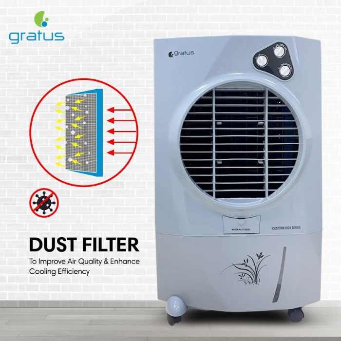 Gratus ICESTORM80DX – 80 L Deluxe Evaporative Air Cooler with Four‑Way Air Deflection, Ice Chamber & Heavy-Duty Wheels