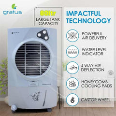Gratus ICESTORM80DX – 80 L Deluxe Evaporative Air Cooler with Four‑Way Air Deflection, Ice Chamber & Heavy-Duty Wheels
