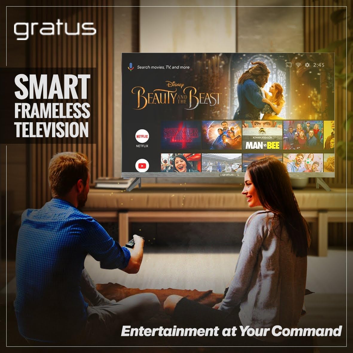 Gratus 32-Inch Edgeless HD Ready LED Smart TV – Android 12, Built-in DVB T2/S2 Receiver, 2 HDMI, 2 USB, High-Resolution Display, Superior Sound – Model LT32A23H
