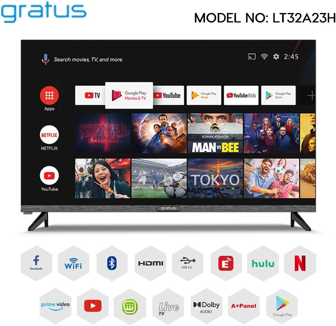 Gratus 32-Inch Edgeless HD Ready LED Smart TV – Android 12, Built-in DVB T2/S2 Receiver, 2 HDMI, 2 USB, High-Resolution Display, Superior Sound – Model LT32A23H