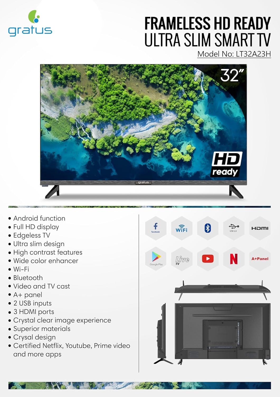Gratus 32-Inch Edgeless HD Ready LED Smart TV – Android 12, Built-in DVB T2/S2 Receiver, 2 HDMI, 2 USB, High-Resolution Display, Superior Sound – Model LT32A23H