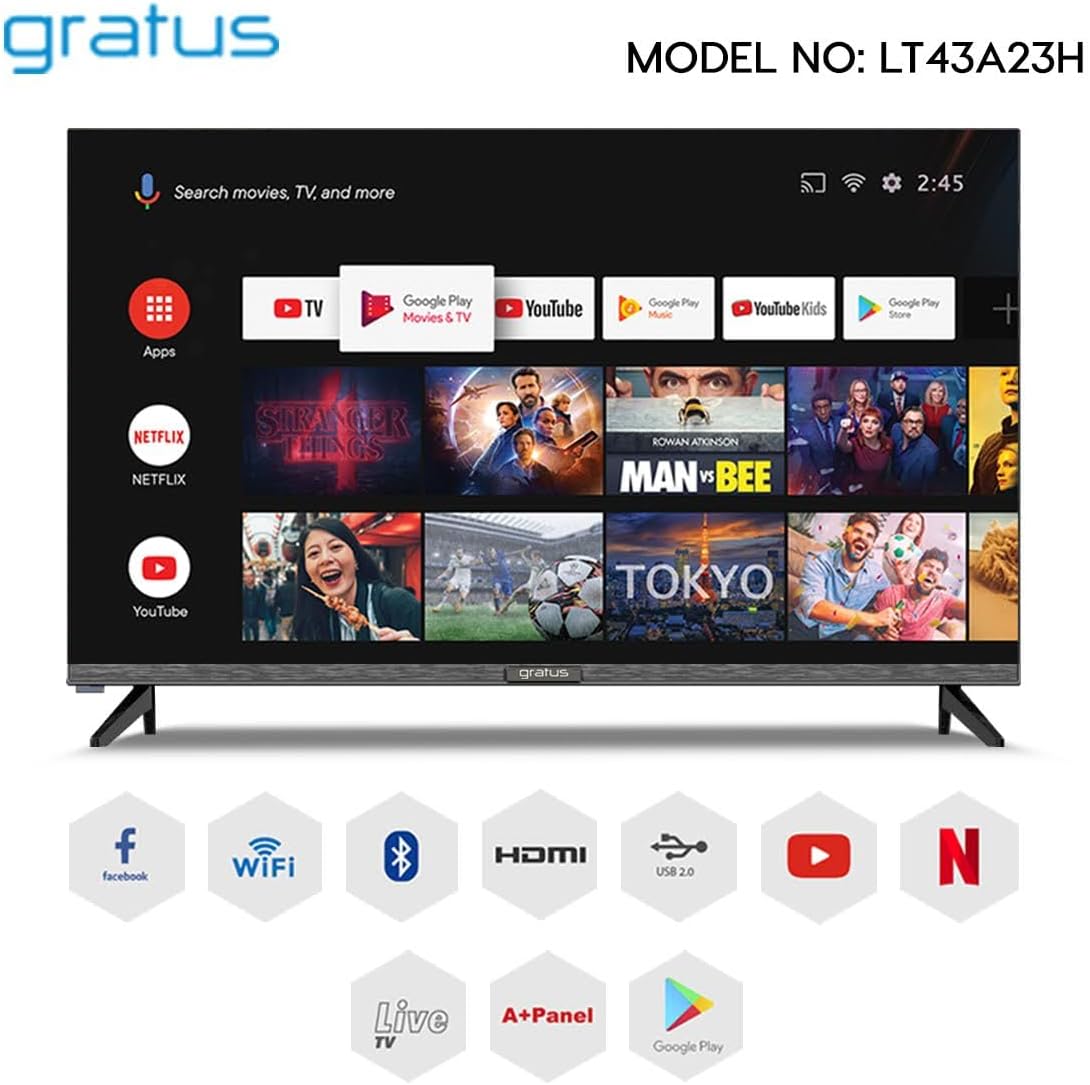 Gratus 43-Inch Edgeless HD Ready LED Smart TV – Android 12, Built-in DVB T2/S2 Receiver, 2 HDMI, 2 USB, High-Resolution Display, Superior Sound – Model LT43A23H