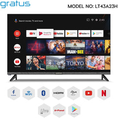 Gratus 43-Inch Edgeless HD Ready LED Smart TV – Android 12, Built-in DVB T2/S2 Receiver, 2 HDMI, 2 USB, High-Resolution Display, Superior Sound – Model LT43A23H