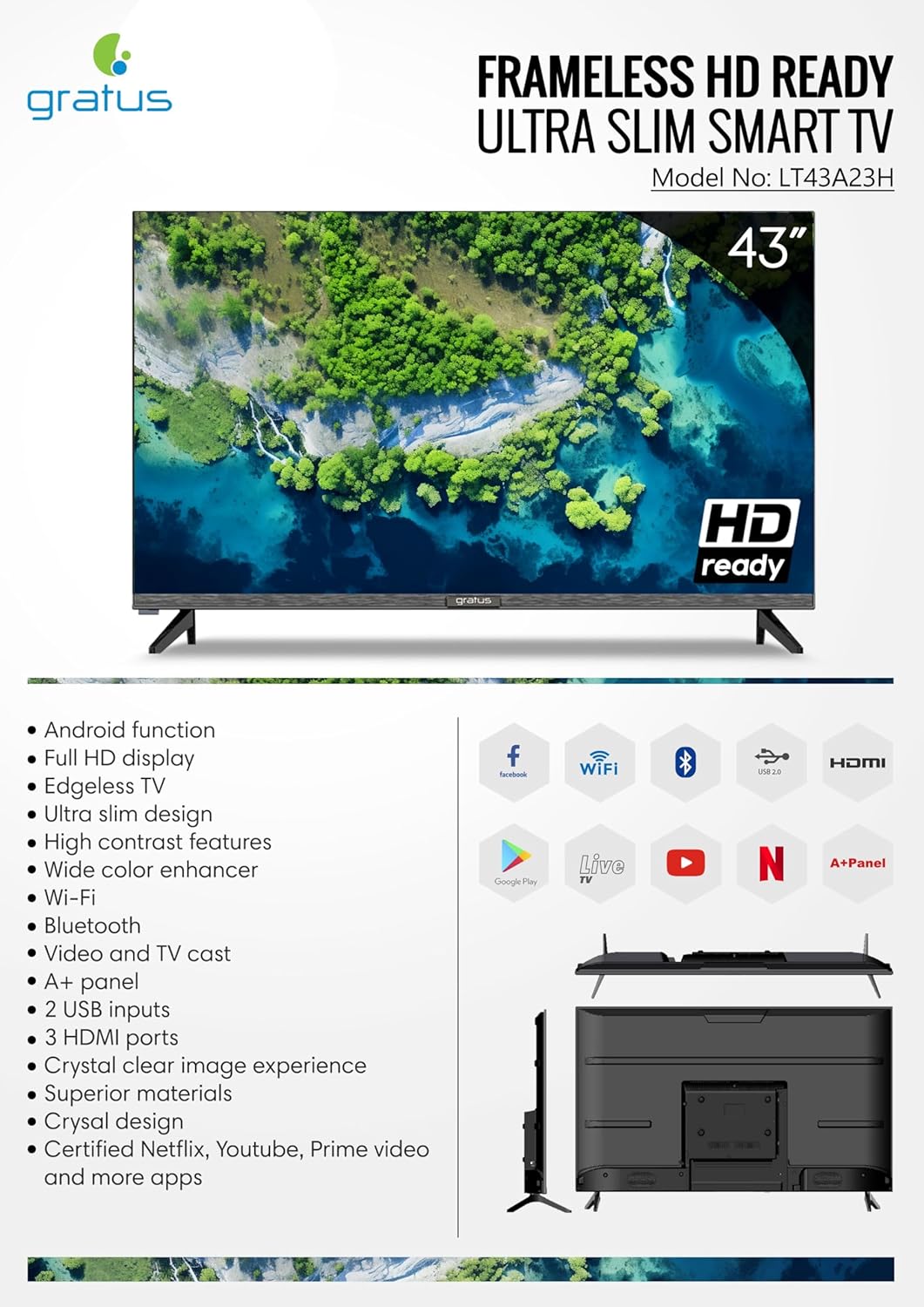 Gratus 43-Inch Edgeless HD Ready LED Smart TV – Android 12, Built-in DVB T2/S2 Receiver, 2 HDMI, 2 USB, High-Resolution Display, Superior Sound – Model LT43A23H