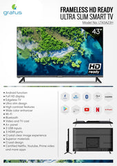 Gratus 43-Inch Edgeless HD Ready LED Smart TV – Android 12, Built-in DVB T2/S2 Receiver, 2 HDMI, 2 USB, High-Resolution Display, Superior Sound – Model LT43A23H