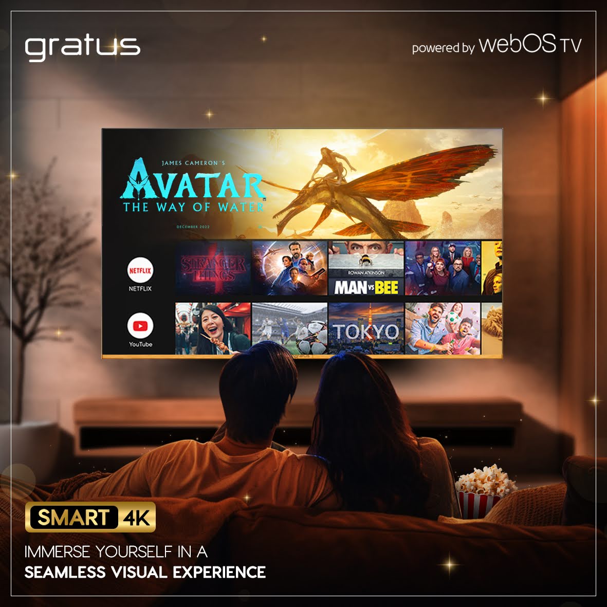 Ggratus 55-Inch 4K UHD Edgeless Smart LED TV – WebOS Powered with ThinQ AI, Quad-Core Processor, Dolby Audio, Voice Control, Dual HDMI/USB – Model LT55W4K23H