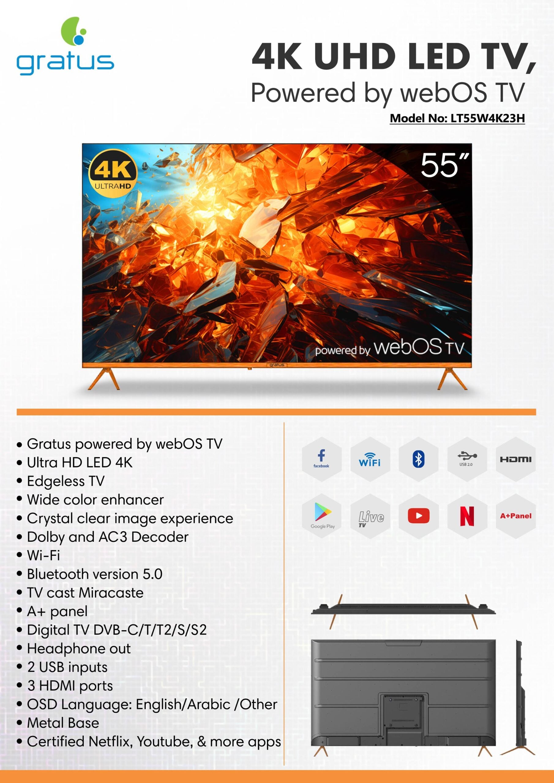 Ggratus 55-Inch 4K UHD Edgeless Smart LED TV – WebOS Powered with ThinQ AI, Quad-Core Processor, Dolby Audio, Voice Control, Dual HDMI/USB – Model LT55W4K23H