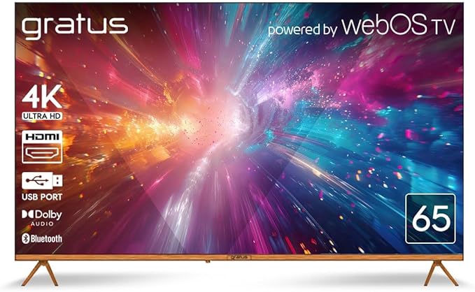 Gratus 65-Inch 4K UHD Edgeless Smart LED TV – WebOS Powered with ThinQ AI, Quad-Core Processor, Dolby Audio, Voice Control, Dual HDMI/USB – Model LT65W4K23H