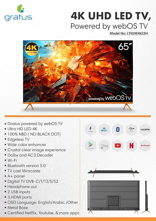 Gratus 65-Inch 4K UHD Edgeless Smart LED TV – WebOS Powered with ThinQ AI, Quad-Core Processor, Dolby Audio, Voice Control, Dual HDMI/USB – Model LT65W4K23H