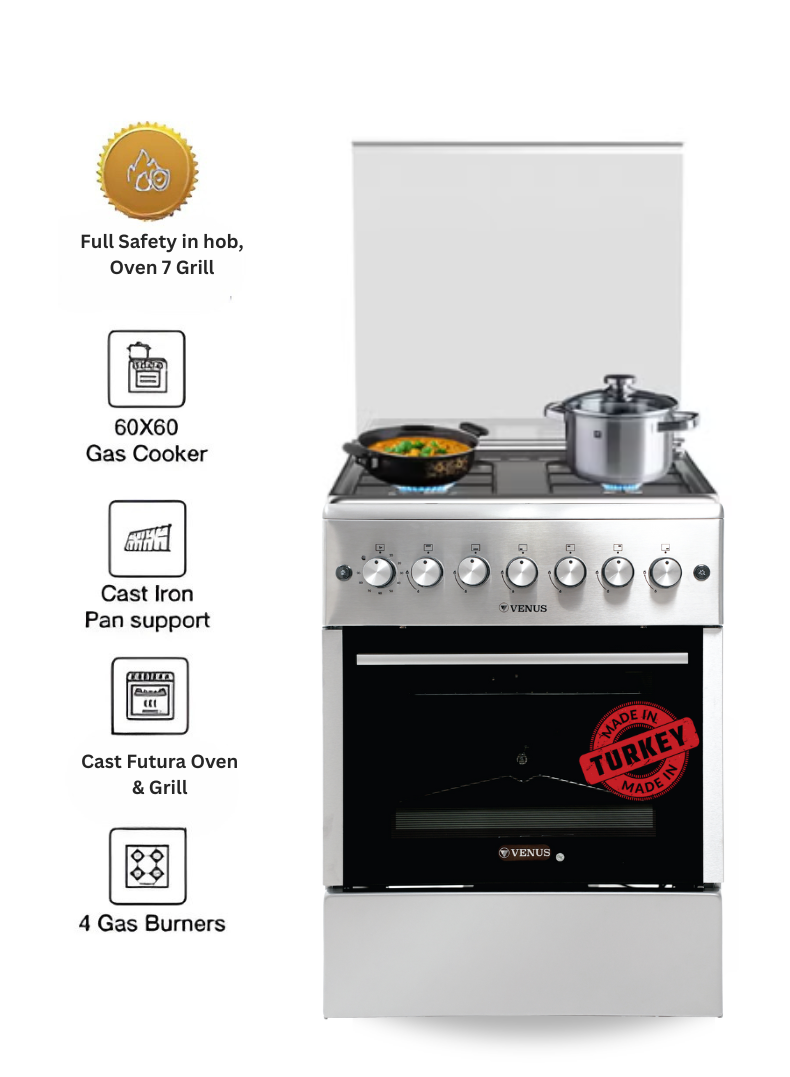 Venus 60x60 cm Stainless Steel Cooking Range | 4 Euro-Pool Gas Burners | Full Safety in Hob, Oven & Grill | Full Auto-Ignition | Cast Futura Gas Oven & Grill | Made in Turkey – Model VC6641GLX