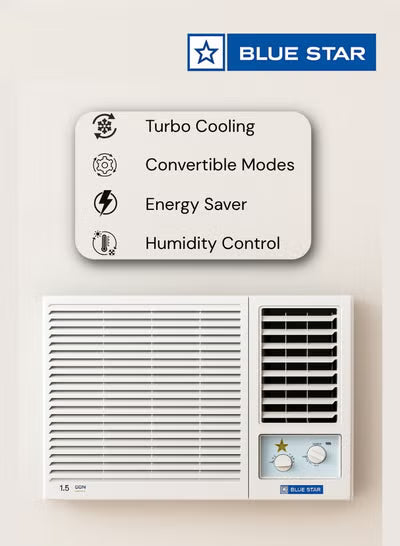 Bluestar 1.5 Ton 1 Star Window Air Conditioner Model WM18CVRRB3-01| High Ambient Cooling | 100% Copper | Energy Saver Mode | Anti-Corrosive Blue Fins | Suitable for Medium Rooms | White| Piston Compressor