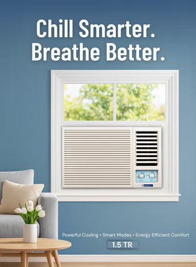 Bluestar 1.5 Ton 1 Star Window Air Conditioner Model WM18CVRRB3-01| High Ambient Cooling | 100% Copper | Energy Saver Mode | Anti-Corrosive Blue Fins | Suitable for Medium Rooms | White| Piston Compressor