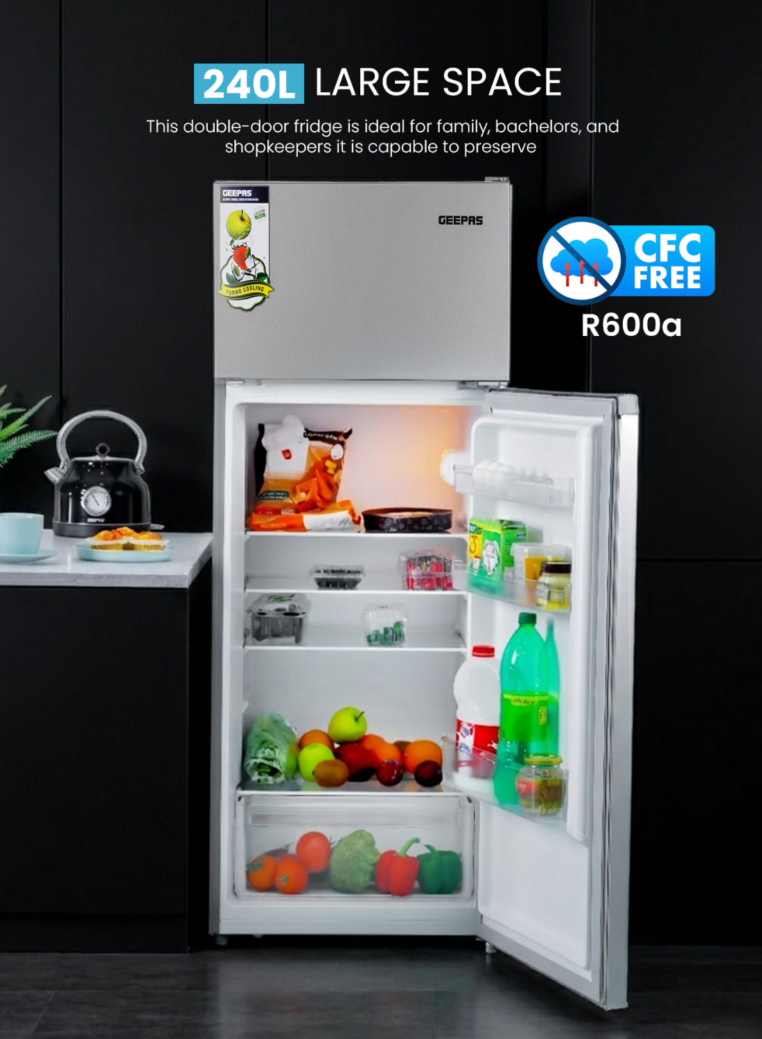 GEEPAS 240L Gross/205L Net Capacity Double Door Defrost Refrigerator 37L Freezer Capacity 265 L GRF2400SXE Silver