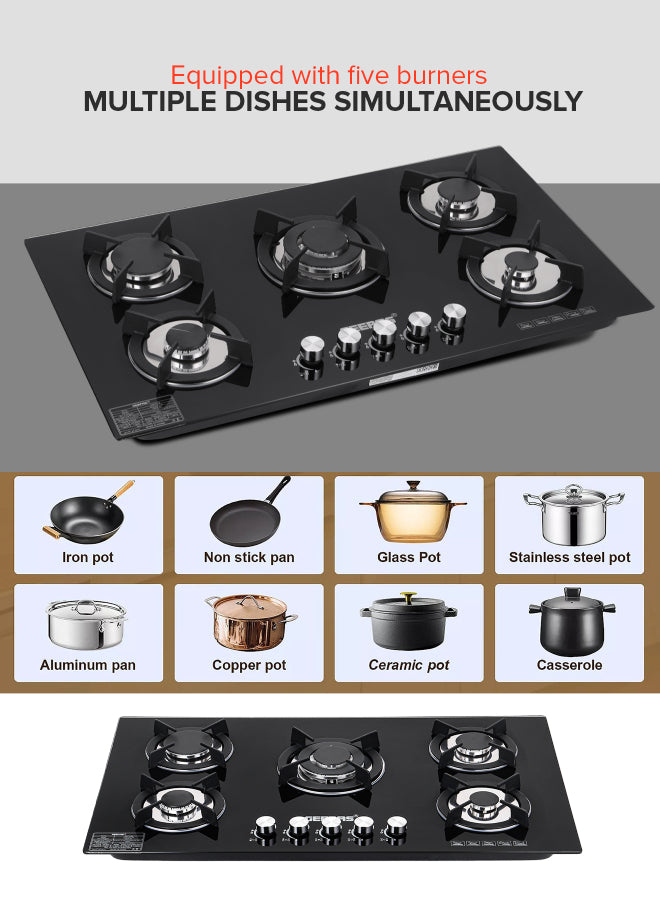 Geepas 5-Burner Gas Hob - Attractive Design, 8mm Tempered Glass Worktop - Automatic Ignition, 5 Heating Zones |Ergonomic Design, Stainless Steel Body