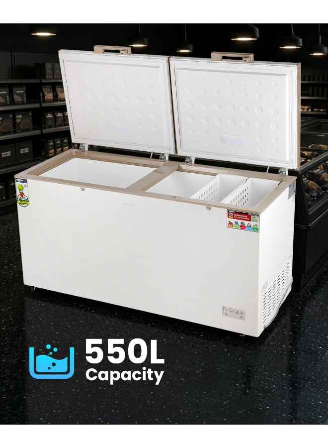 GEEPAS 550L Double Door Chest Freezer| Frozen Temperature -18°C HCF and FCKW Free| Highly Efficient Monolithic Foaming and Compressor Switch Off Function| Includes Lock and Key, 2 Food Baskets| 1 Year Warranty 550 L 230 W GCF55019WAH White