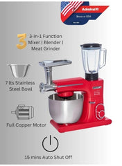 3-in-1 Multifunction Stand Mixer, 1800W High-Power Kitchen Machine with 7L Stainless Steel Bowl, Glass Blender Jug, Meat Grinder Attachment, Full Metal Gear System, and 8-Speed Control with Pulse – Red Model Number ADSM7SS15