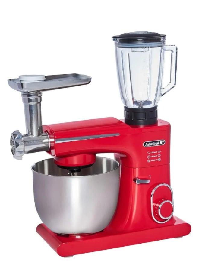3-in-1 Multifunction Stand Mixer, 1800W High-Power Kitchen Machine with 7L Stainless Steel Bowl, Glass Blender Jug, Meat Grinder Attachment, Full Metal Gear System, and 8-Speed Control with Pulse – Red Model Number ADSM7SS15