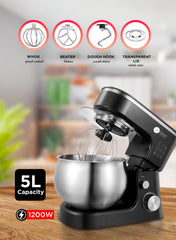 Stand Mixer Machine | 1200W |6 Level Speed, 5 Liter Stainless Steel Bowl with Splash Guard |Convenient Design with Wisk, Dough Hook & Beater | 2 Years Warranty