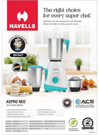 Havells Aspro Neo 500 W Mixer Grinder– 3 Stainless Steel Jars (1.5 L, 1.5 L, 0.4 L), ACS Cooling, Overload Protector
