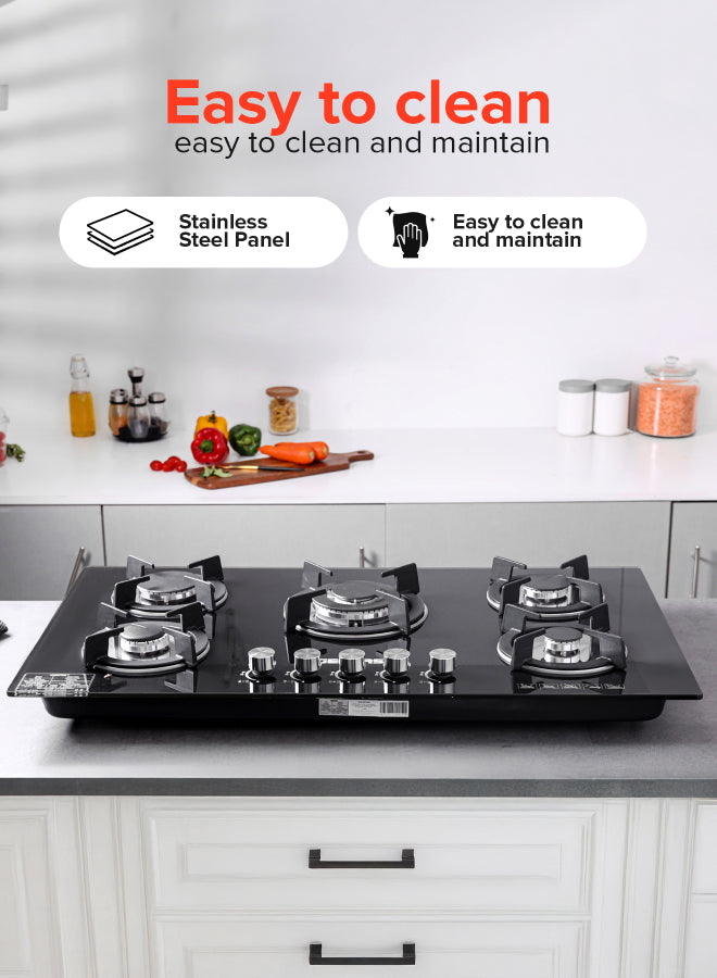 Geepas 5-Burner Gas Hob - Attractive Design, 8mm Tempered Glass Worktop - Automatic Ignition, 5 Heating Zones |Ergonomic Design, Stainless Steel Body