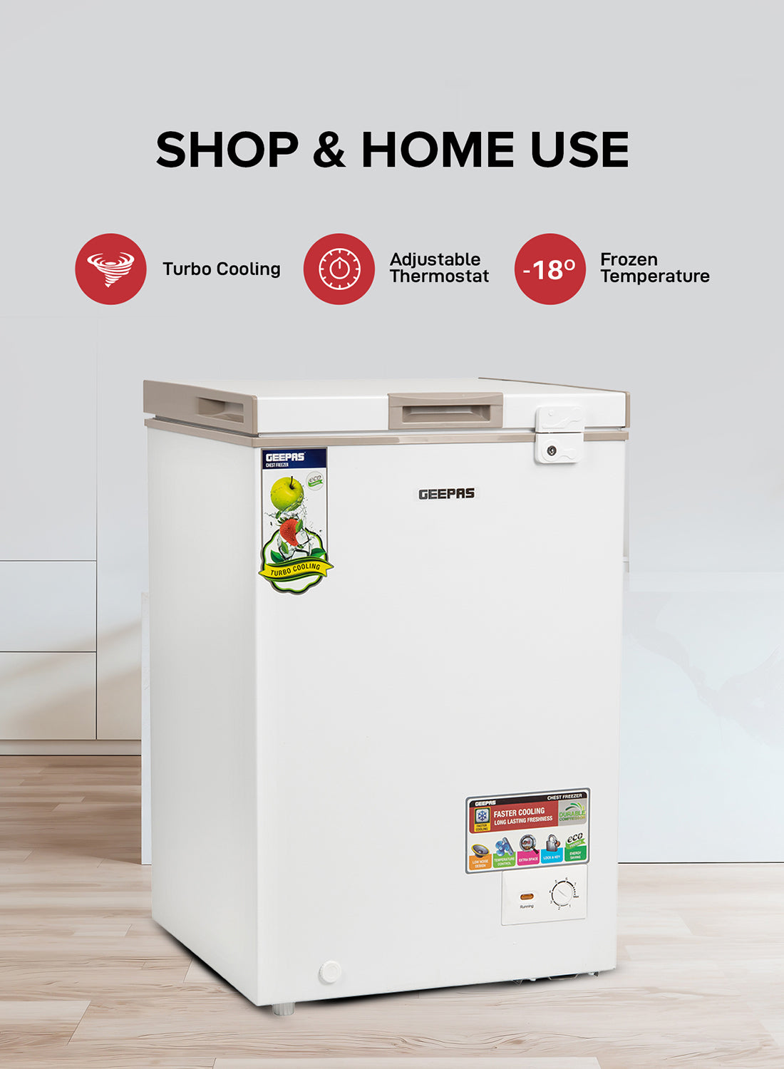 Geepas 120L Gross/100L Net Capacity Free Standing Chest Freezer With Compressor Switch Off Function, LED Light, Lock & Key, High Efficiency Monolithic Foaming, 1 Food Basket, Adjustable Thermostat 120 L 100 W GCF1206WAH White