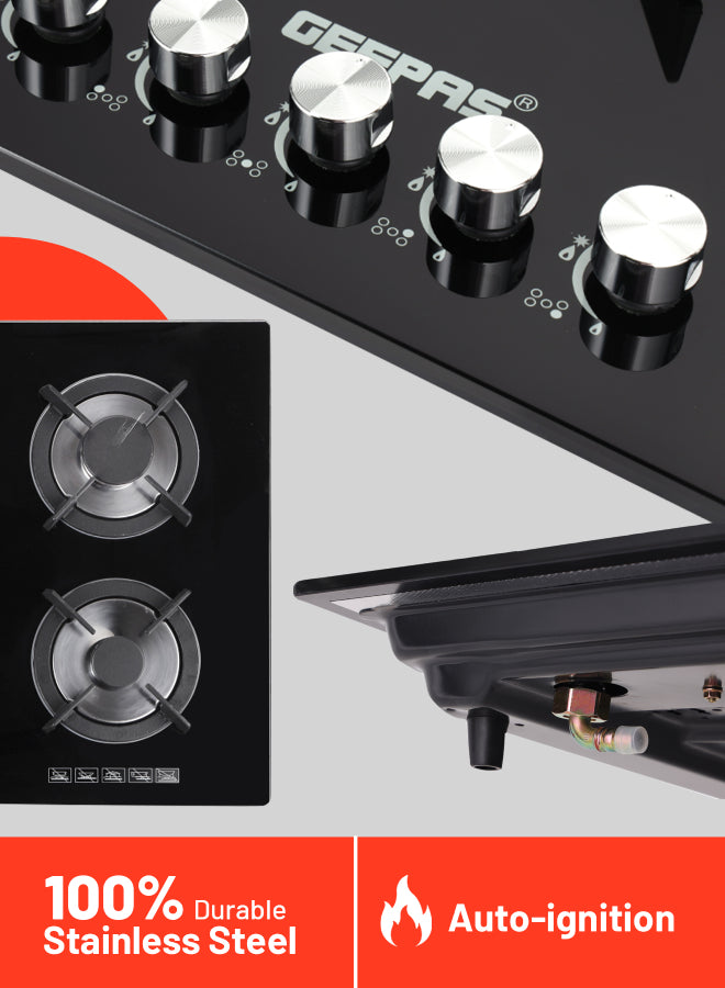 Geepas 5-Burner Gas Hob - Attractive Design, 8mm Tempered Glass Worktop - Automatic Ignition, 5 Heating Zones |Ergonomic Design, Stainless Steel Body
