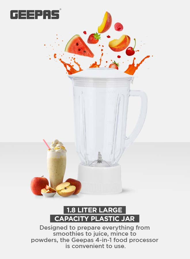 Geepas multi-Functional 4-In-1 Food Processor (Juicer/Blender/ Grinder & Chopper) With Plastic Jar With SS Blades,2 Speed Control With Pulse 1.8 L 650 W GSB6147N White