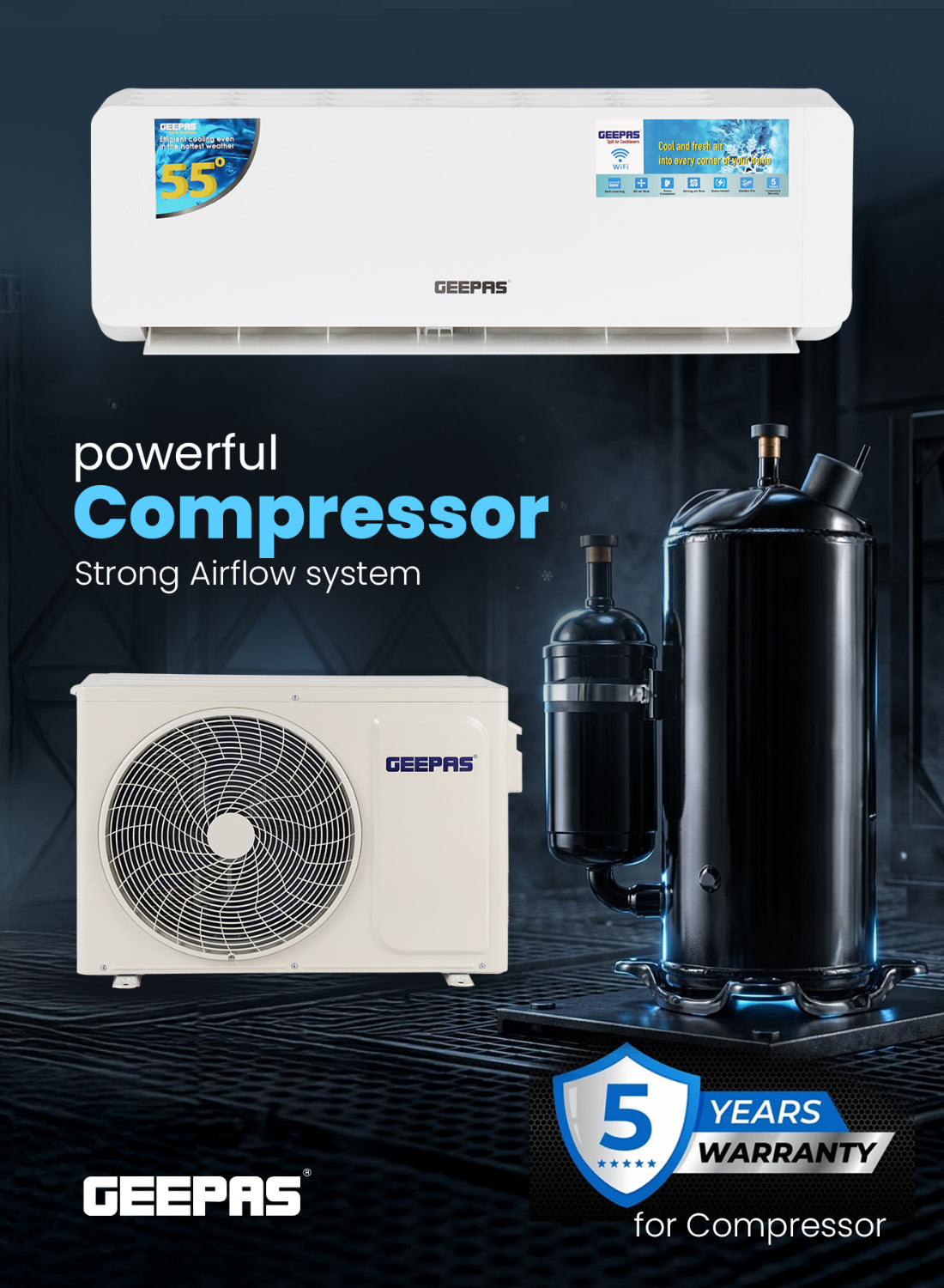 Geepas 1.0 Ton Split Type Air Conditioner 12000 BTU| LED Display, Auto Restart, Strong Airflow, Energy-Saving, Elegant Design| GACS1225CUE
