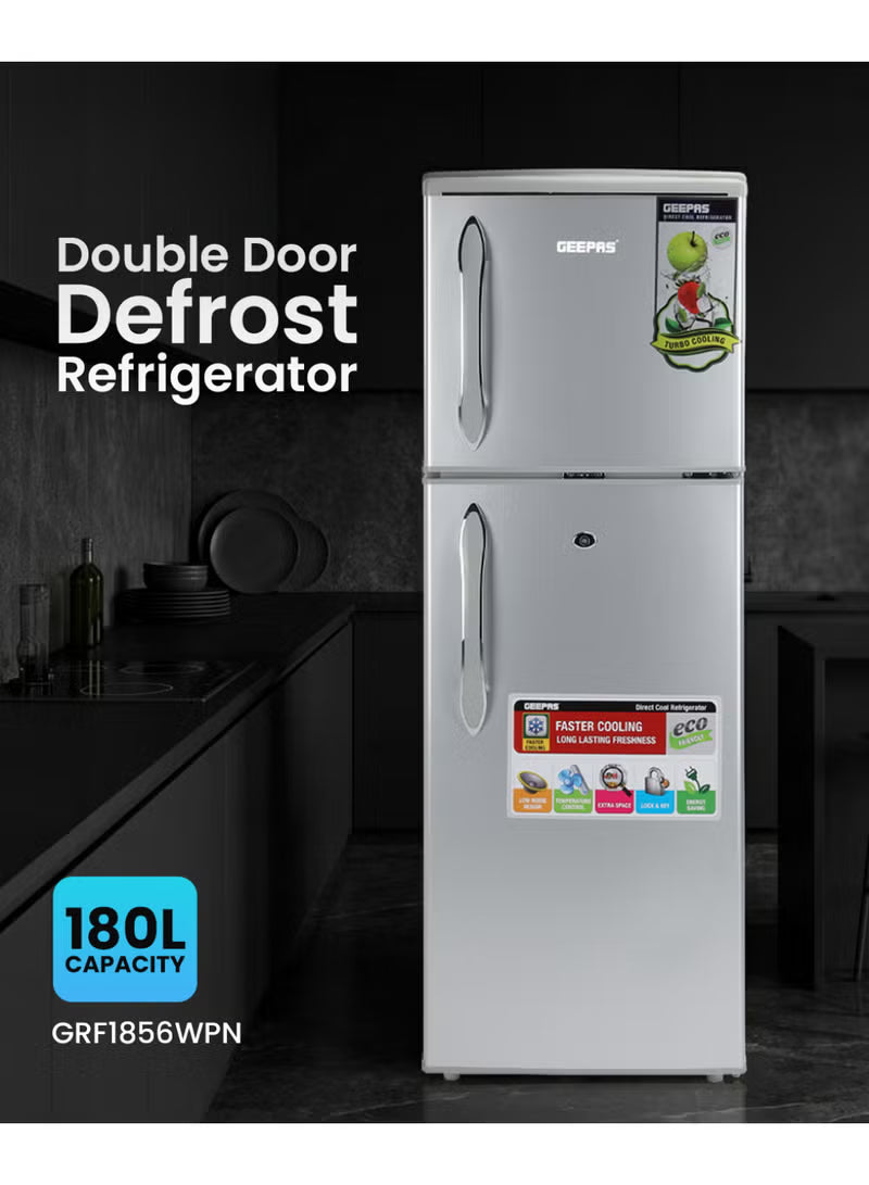 Geepas 190 L Gross/ 132L Net Capacity, Double Door Refrigerator | Durable Double Door Refrigerator, Fast Cooling & Preserves Freshness | Low Noise, Energy Efficient, In-Built Deodorizer, Tempered Glass Shelves | Freezer Capacity-34 L |