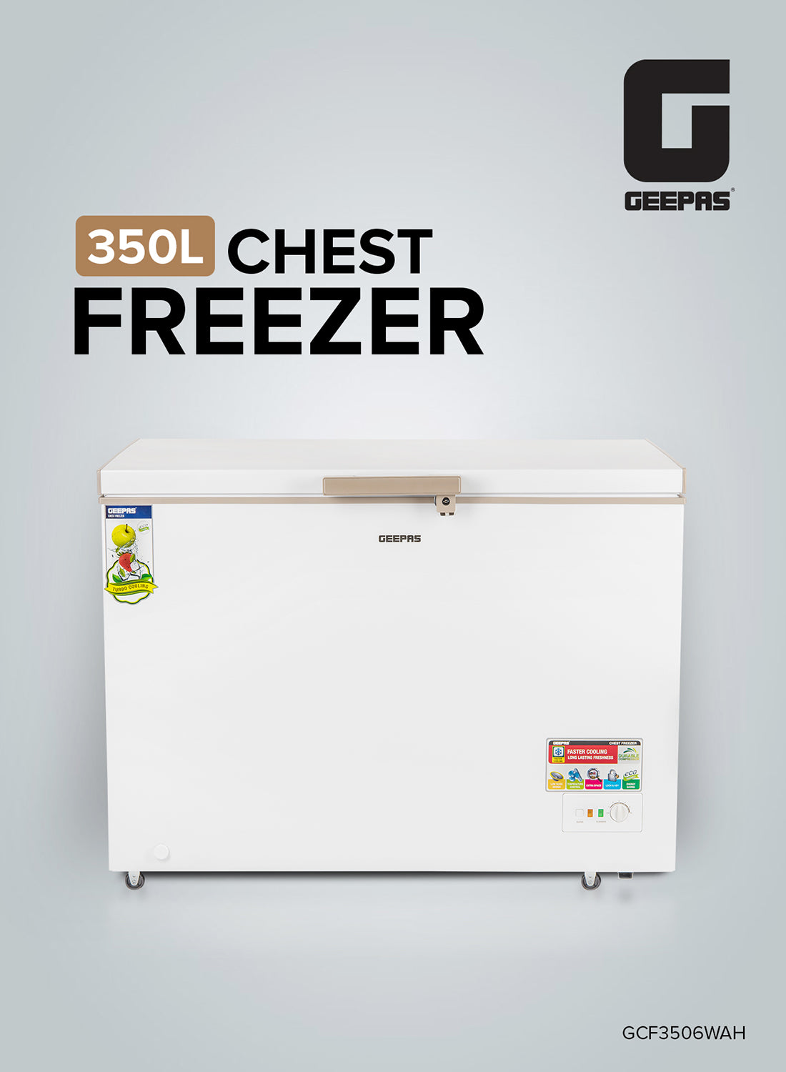 GEEPAS Chest Freezer, Freestanding Chest Freezer | 350L Deep Freezer with Adjustable Thermostat | 2pc Food Basket Included | LED Light | Comes with Lock & Key 350 L GCF3506WAH White