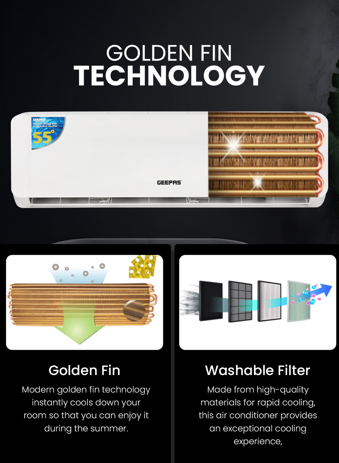 Geepas 1.5 Ton Split Type Air Conditioner| 18500 BTU Capacity LED Display, Auto Restart, Energy-Saving, Strong Airflow, Modern Design| GACS1825CUE
