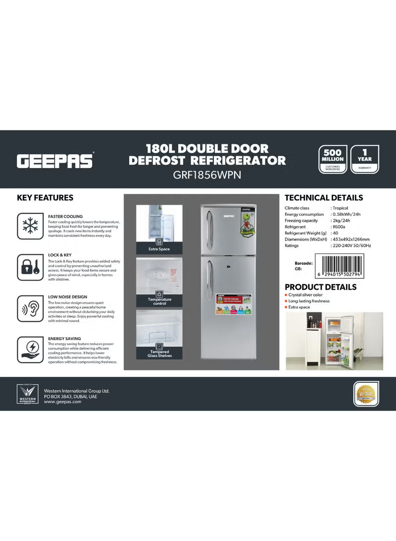 Geepas 190 L Gross/ 132L Net Capacity, Double Door Refrigerator | Durable Double Door Refrigerator, Fast Cooling & Preserves Freshness | Low Noise, Energy Efficient, In-Built Deodorizer, Tempered Glass Shelves | Freezer Capacity-34 L |